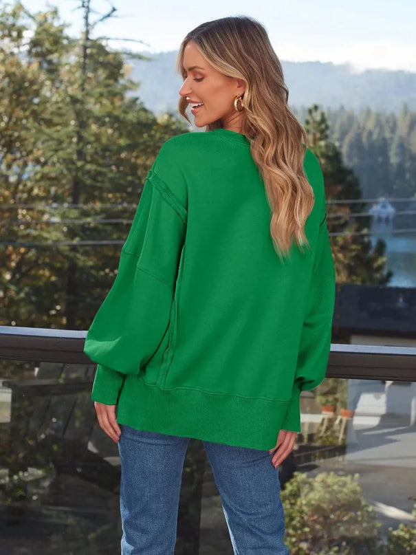 Slit Round Neck Long Sleeve Sweatshirt - ShopEasier