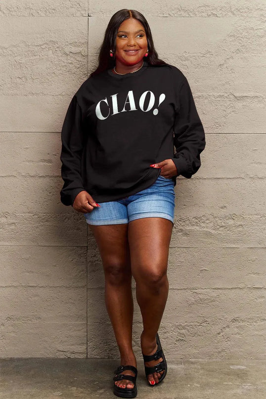 Simply Love Full Size CIAO！Round Neck Sweatshirt - ShopEasier