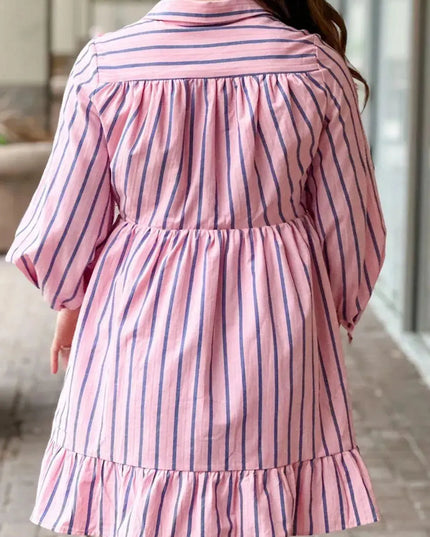 Striped Collared Neck Long Sleeve Mini Shirt Dress