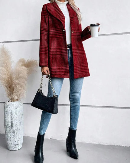 Plaid Button-Up Long Sleeve Jacket with Collar