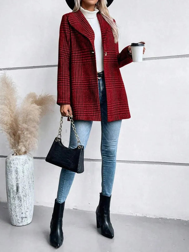 Plaid Button-Up Long Sleeve Jacket with Collar