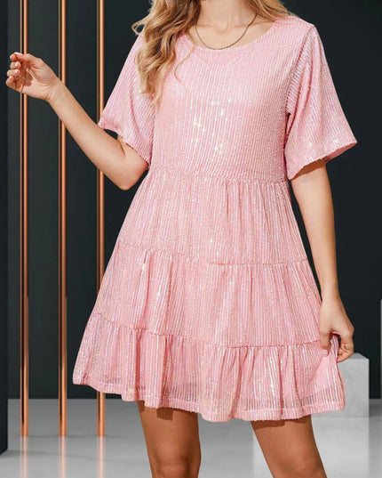 Sequin Round Neck Half Sleeve Mini Dress