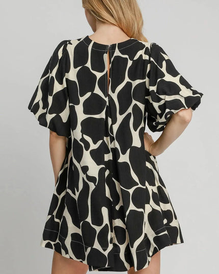 Umgee Full Size Two Tone Abstract Print Puff Sleeve Dress Plus Size