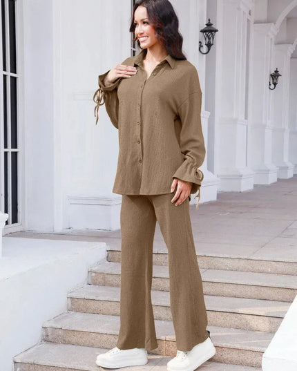 Flouncy Sleeve Drawstring Top and Pant Duo Set