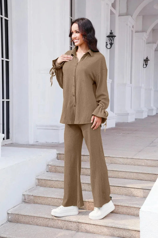 Flouncy Sleeve Drawstring Top and Pant Duo Set