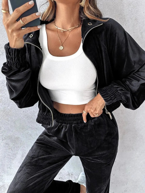 Zip Up Long Sleeve Cropped Top and Joggers Set - ShopEasier