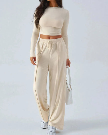 Chic Tied Long Sleeve Top and Pants Set with Pockets