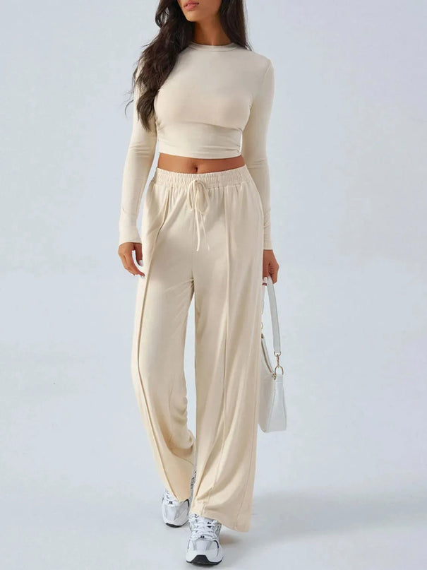 Chic Tied Long Sleeve Top and Pants Set with Pockets