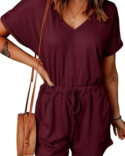 Full Size Drawstring V-Neck Short Sleeve Romper - ShopEasier