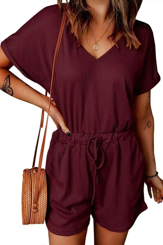 Full Size Drawstring V-Neck Short Sleeve Romper - ShopEasier