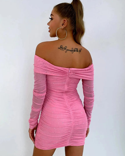 Glitter Ruched Off-Shoulder Long Sleeve Bodycon Dress