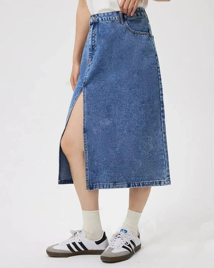 Slit Midi Denim Skirt with Pockets - ShopEasier