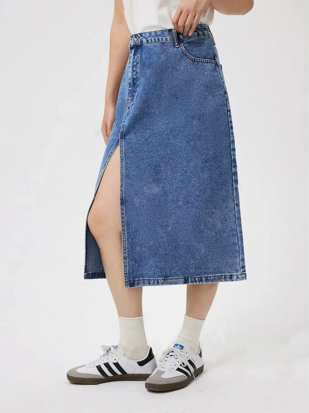 Slit Midi Denim Skirt with Pockets - ShopEasier