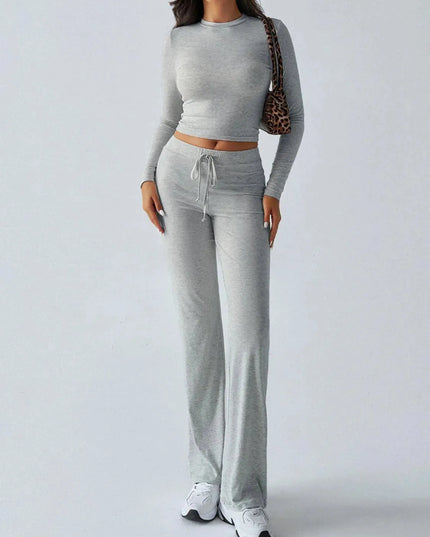 Elegant Long Sleeve Top with Drawstring Trousers Set