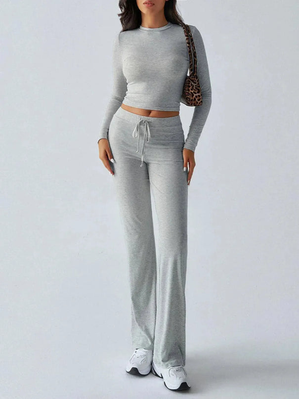 Elegant Long Sleeve Top with Drawstring Trousers Set