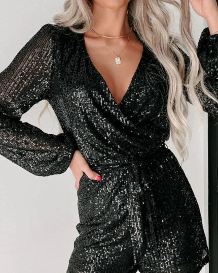 Sequin Surplice Long Sleeve Romper - ShopEasier