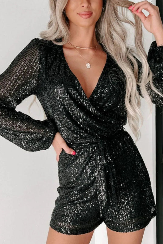 Sequin Surplice Long Sleeve Romper - ShopEasier