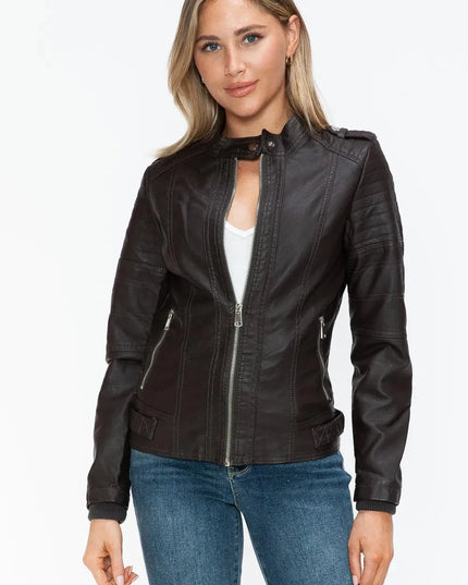 Snobbish PU Leather Biker Jacket with Side Zip Pockets - ShopEasier