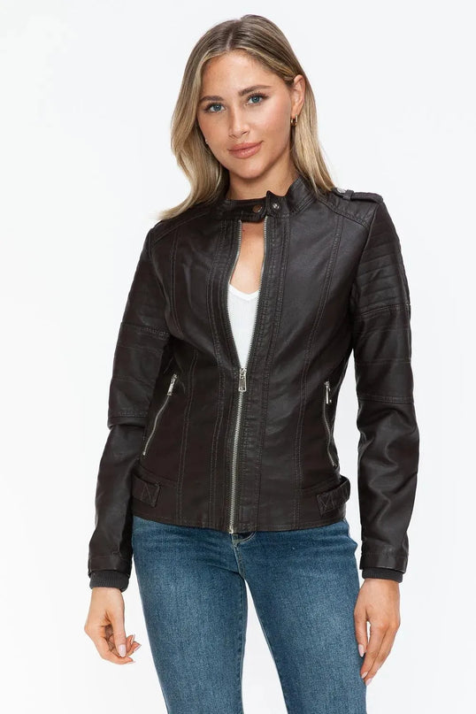 Snobbish PU Leather Biker Jacket with Side Zip Pockets - ShopEasier