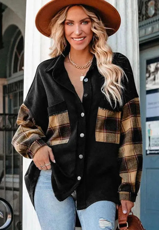 Plaid Button Up Shacket with Chest Pockets - ShopEasier