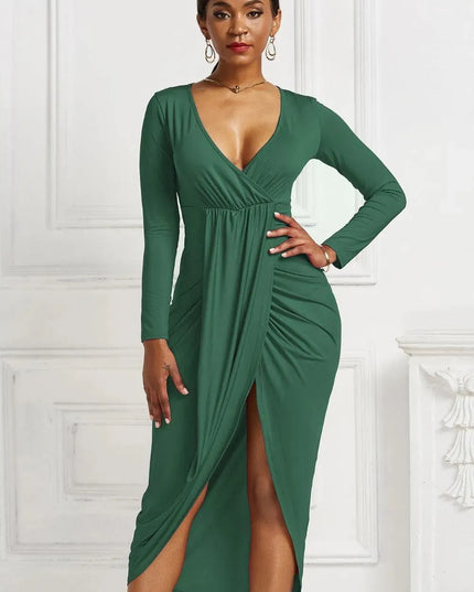 High-low Ruched Surplice Long Sleeve Dress