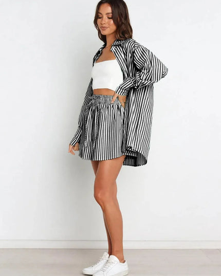 Striped Short Sleeve Button-Up Shirt and Shorts Combo Set