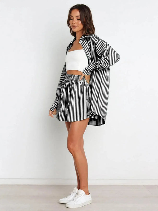 Striped Short Sleeve Button-Up Shirt and Shorts Combo Set