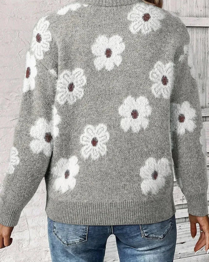 Flower Half Zip Long Sleeve Sweater - ShopEasier