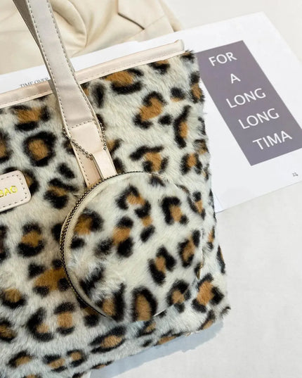 Leopard Faux Fur Tote Bag with Coin Purse