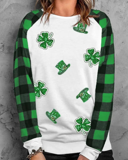 Sequin Lucky Clover Basic Round Neck Sweatshirt