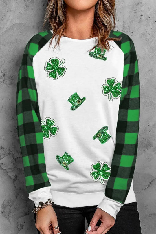 Sequin Lucky Clover Basic Round Neck Sweatshirt