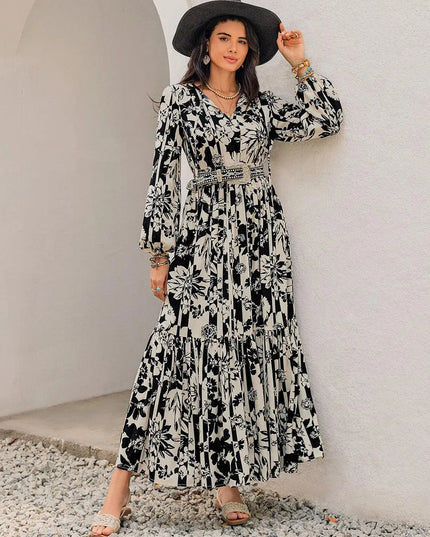 Smocked Printed Tie Neck Long Sleeve Dress - ShopEasier