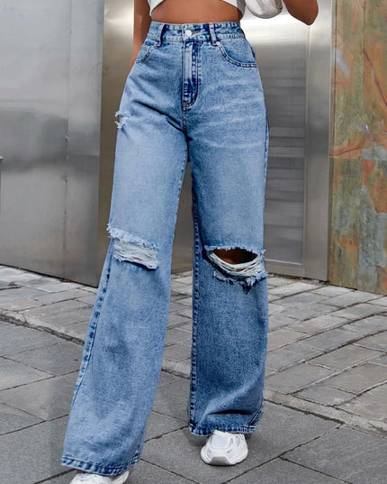 Distressed Wide Leg Jeans with Pockets - ShopEasier