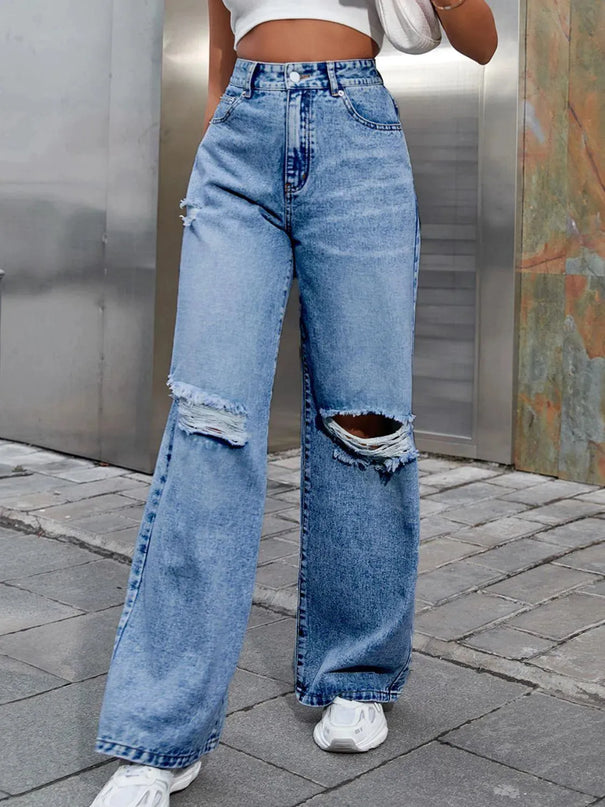 Distressed Wide Leg Jeans with Pockets - ShopEasier