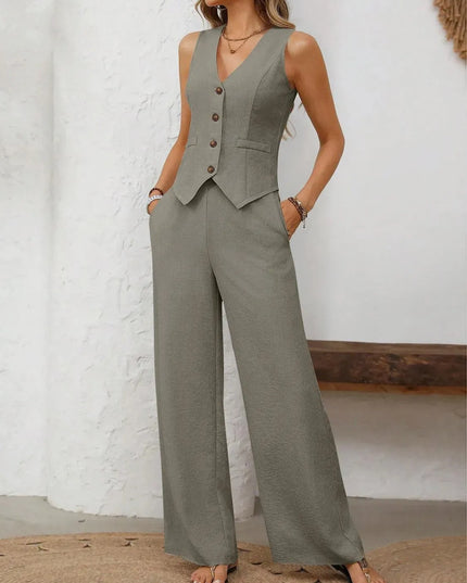 V-Neck Button Down Vest and Wide Leg Pants Set