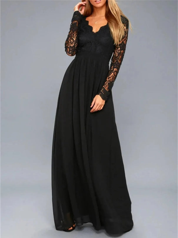 Lace Detail Backless Long Sleeve Maxi Dress - ShopEasier