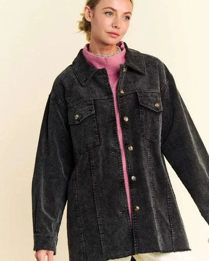 Davi & Dani Distressed Washed Corduroy Button-Up Jacket