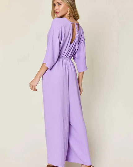 Double Take Full Size Surplice Wide Leg Jumpsuit with Pockets - ShopEasier