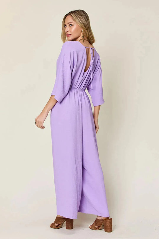 Double Take Full Size Surplice Wide Leg Jumpsuit with Pockets - ShopEasier