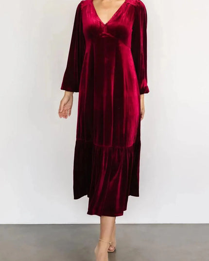 V-Neck Long Sleeve Midi Velvet Dress