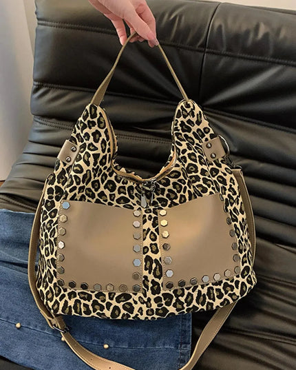 Leopard Polyester Shoulder Bag with Zippers