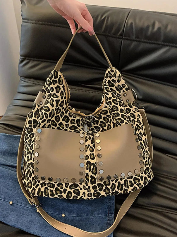 Bolso bandolera de poliéster con estampado de leopardo y cremalleras