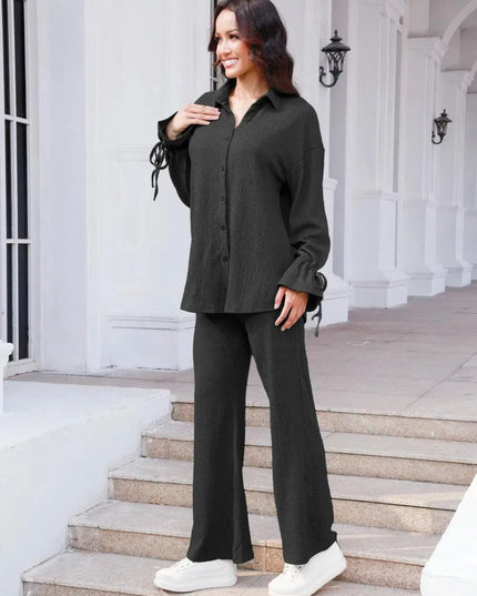 Flouncy Sleeve Drawstring Top and Pant Duo Set