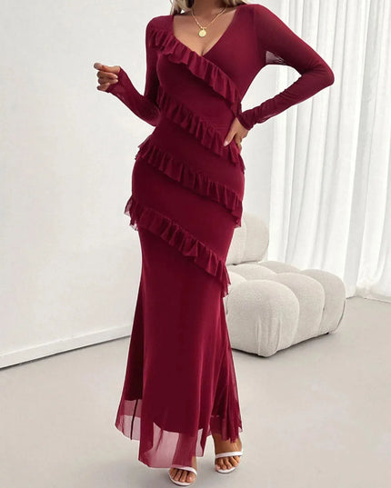 Devine Ruffled Surplice Long Sleeve Maxi Dress