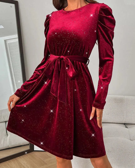 Glitter Round Neck Puff Sleeve Dress