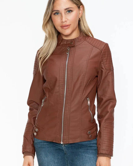 Snobbish Faux Leather Biker Jacket with Side Zip Pockets - ShopEasier