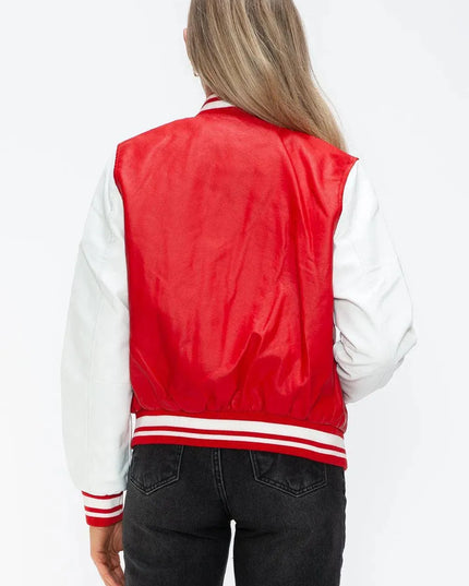 Love Me Now PU Leather Contrast Snap Down Bomber Jacket - ShopEasier