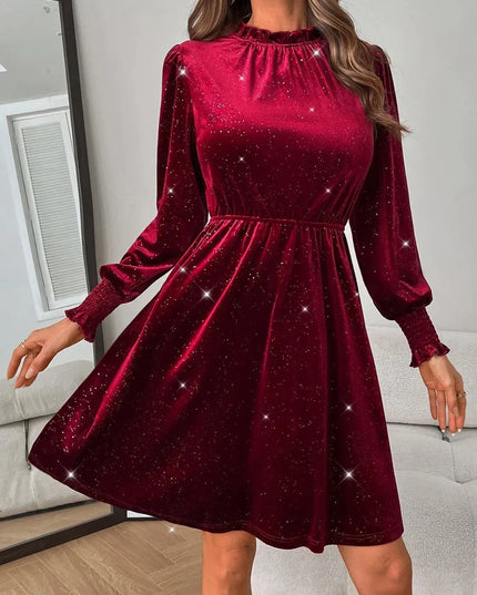 Glitter Mock Neck Long Sleeve Mini Dress - ShopEasier