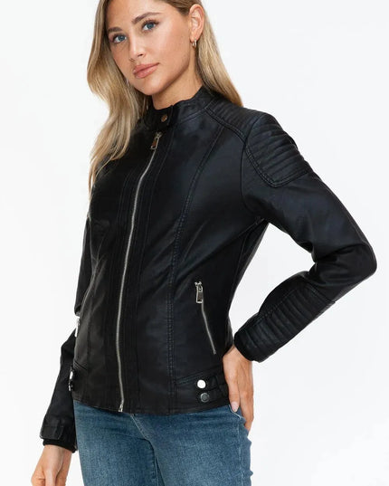 Snobbish Faux Leather Biker Jacket with Side Zip Pockets - ShopEasier