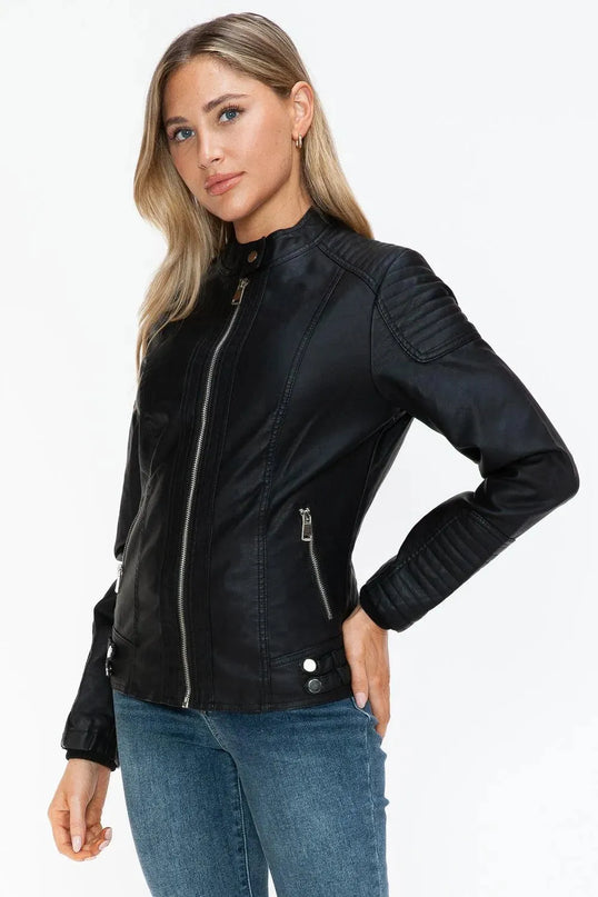 Snobbish Faux Leather Biker Jacket with Side Zip Pockets - ShopEasier